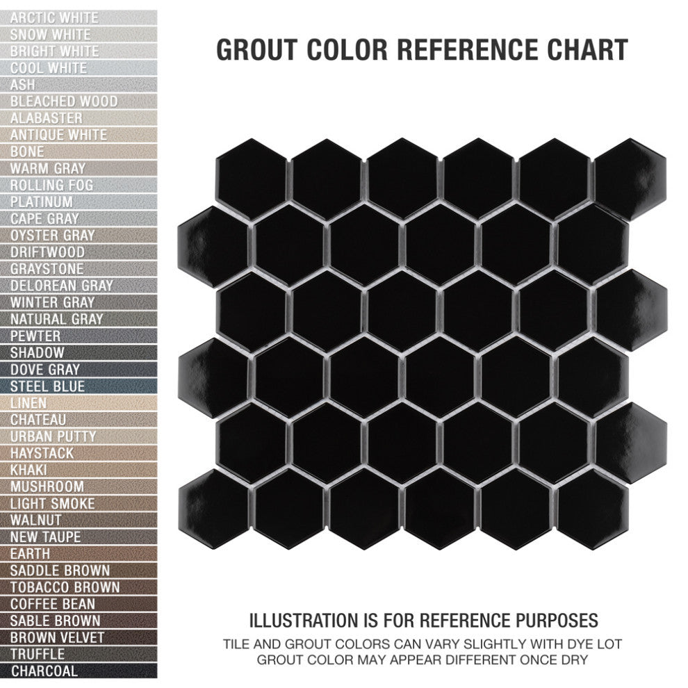 Metro 2" Hex Glossy Black Porcelain Floor and Wall Tile