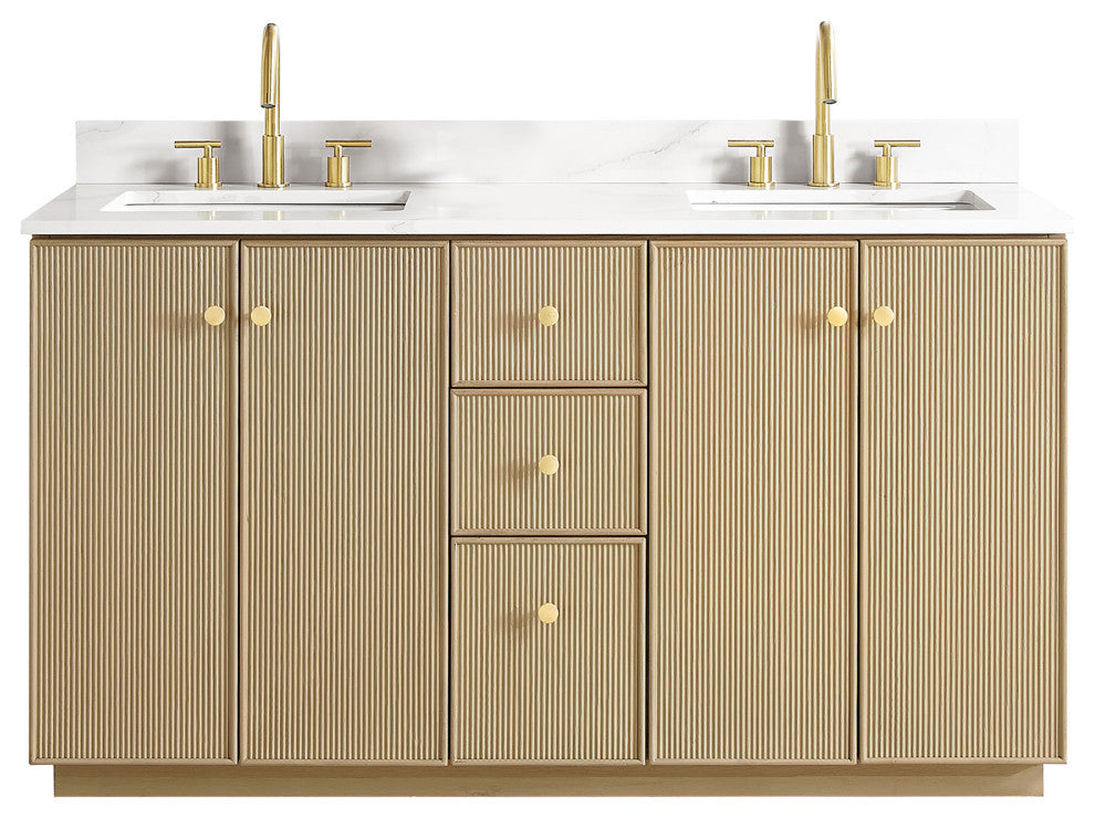 Oza Bath Vanity with Quartz Stone Top, Aged Natural Oak, 60", Double Vanity, No Mirror