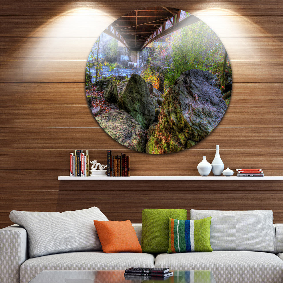 Rocks Under Bridge In Creek, Landscape Photo Disc Metal Wall Art, 36"