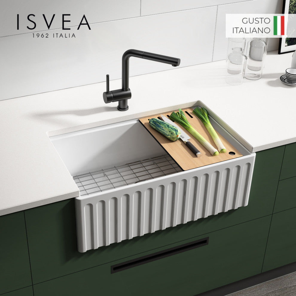 ISVEA 30" Apron Front Single Bowl Farmhouse Fireclay Kitchen Sink, Workstation