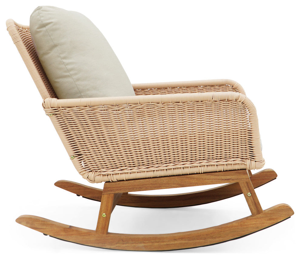 GDF Studio Outdoor PE Rattan Rocking Chair With Cushions, Beige/Natural, Single