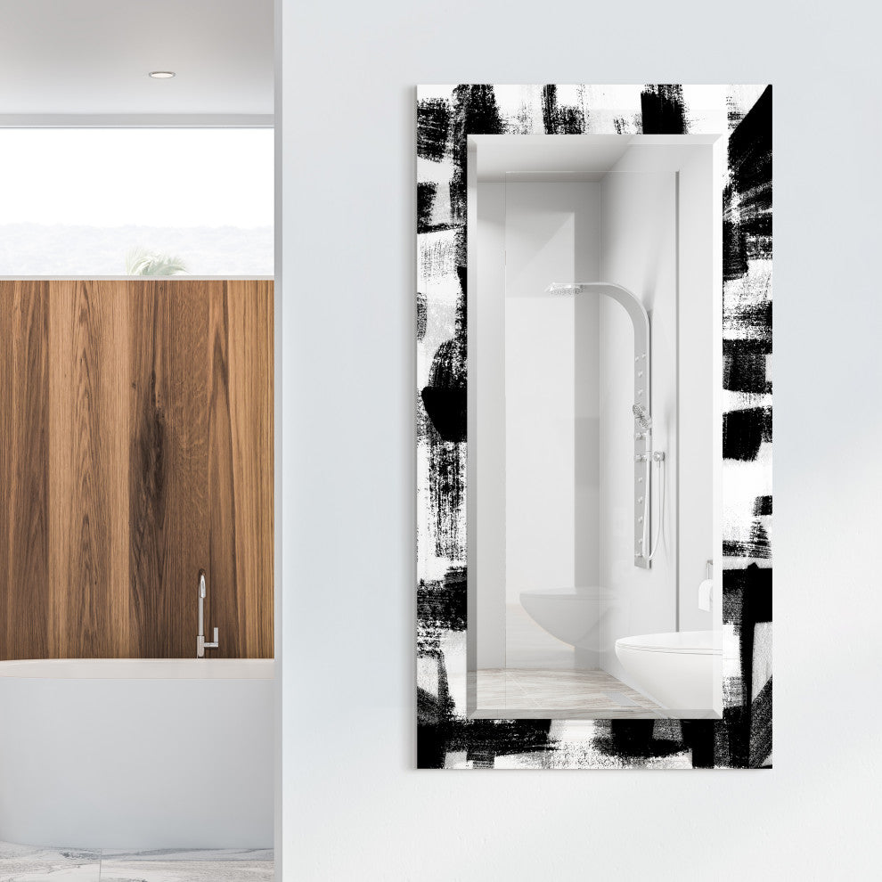 Black and WhiteBeveled Mirror on Printed Abstarct Tempered Art Glass, 54x28"