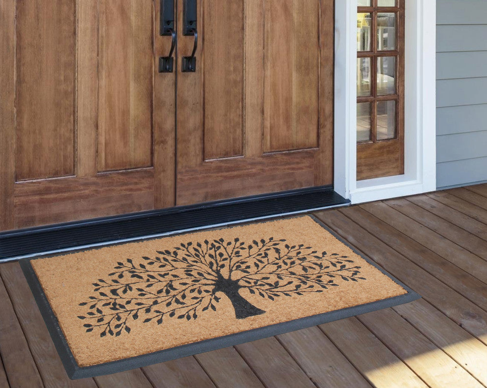 A1HC Flocked Rubber and Coir Molded Double Doormat, Shedding Leaf Design, Beige/Black, 30"x48"