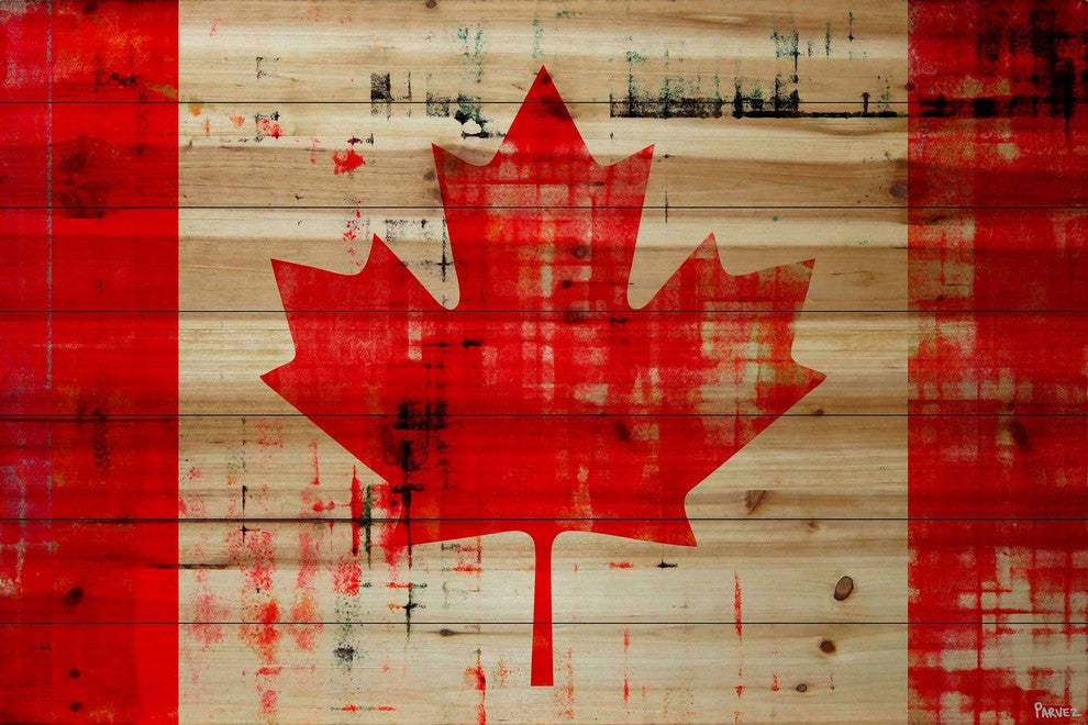 "Bright Red Leaf" Print on Natural Pine Wood, 36"x24"