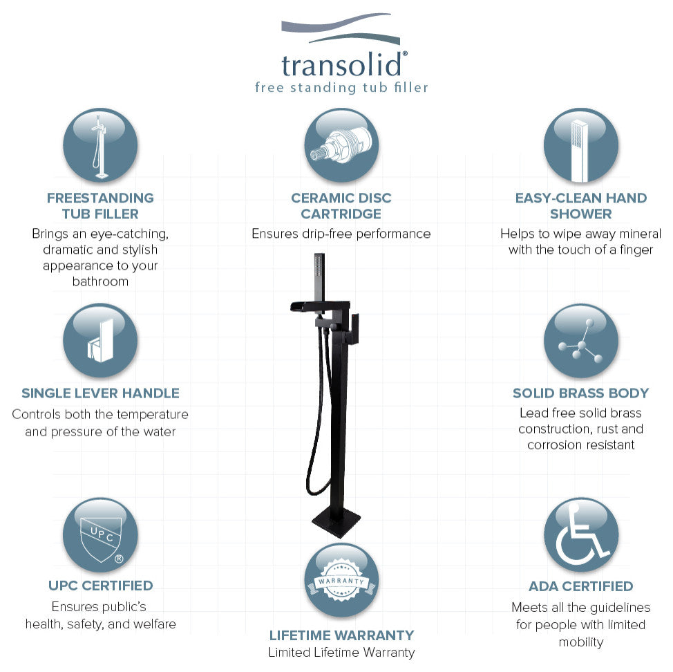 Transolid Roslyn Floor Mounted Tub Filler with Hand Shower, Matte Black