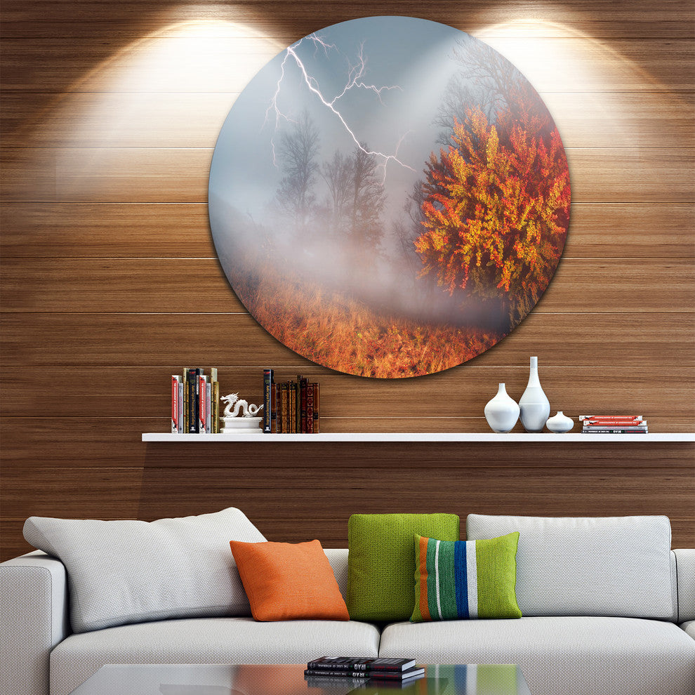 Lighting In Yellow Autumn Forest, Landscape Photo Round Wall Art, 38"