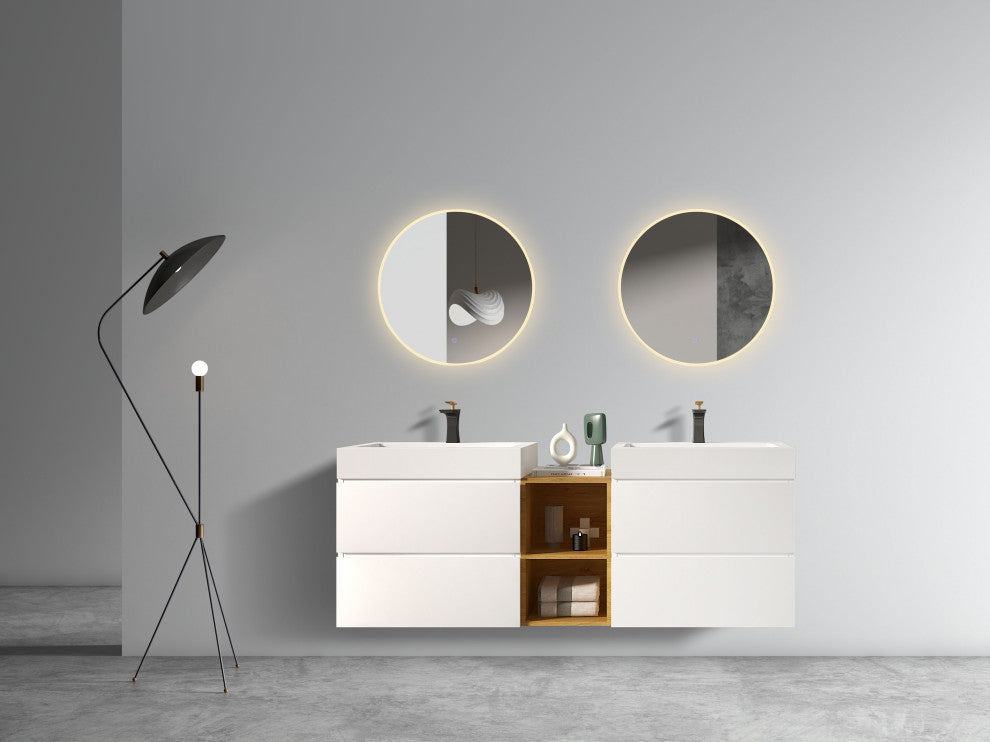 Wall-Mounted Bathroom Vanity with Double Sinks and Open Shelf, White, 72"