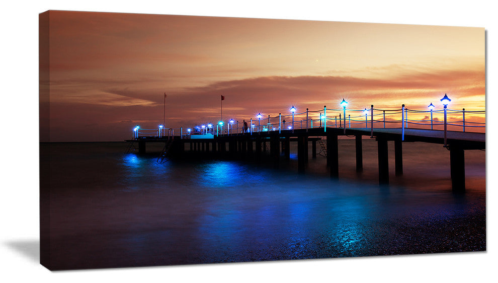 "Blue Waters And Bridge At Sunset" Sea Bridge Wall Artwork, 32"x16"