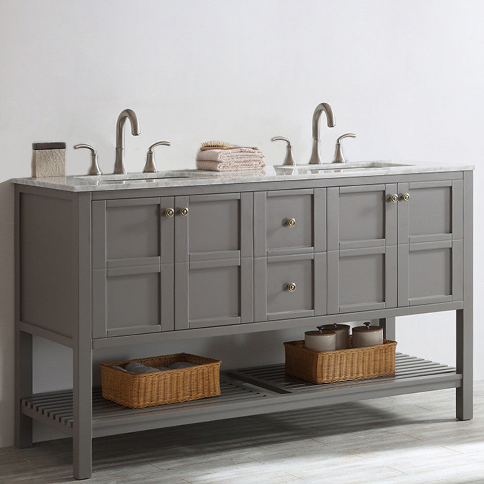 60" Double Vanity in Grey with Carrara White Marble Countertop Without Mirror