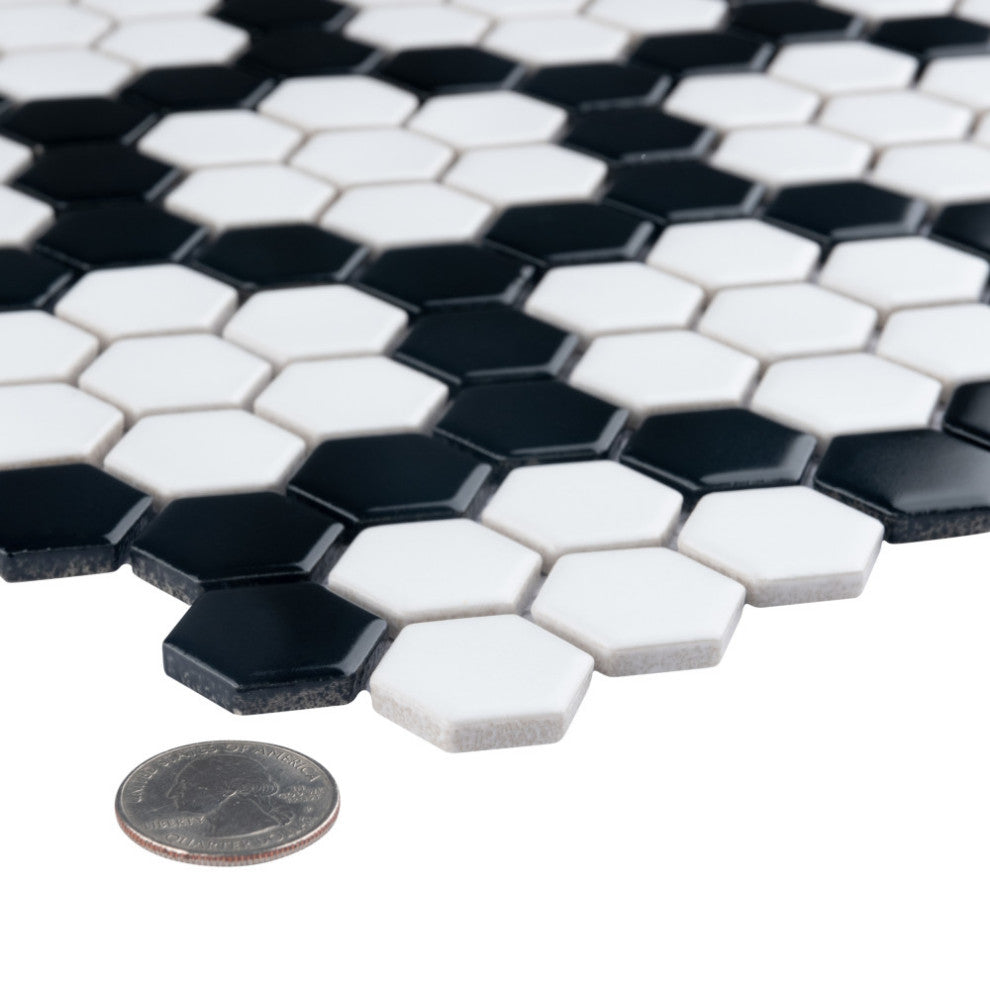 Metro 1" Hex Porcelain Mosaic Floor and Wall Tile, Wht Blk Hncom