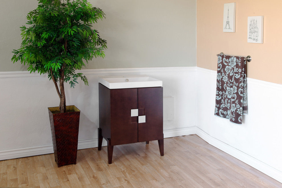 Perth Single Sink Wood Vanity, Walnut With Ceramic Vanity Top, White