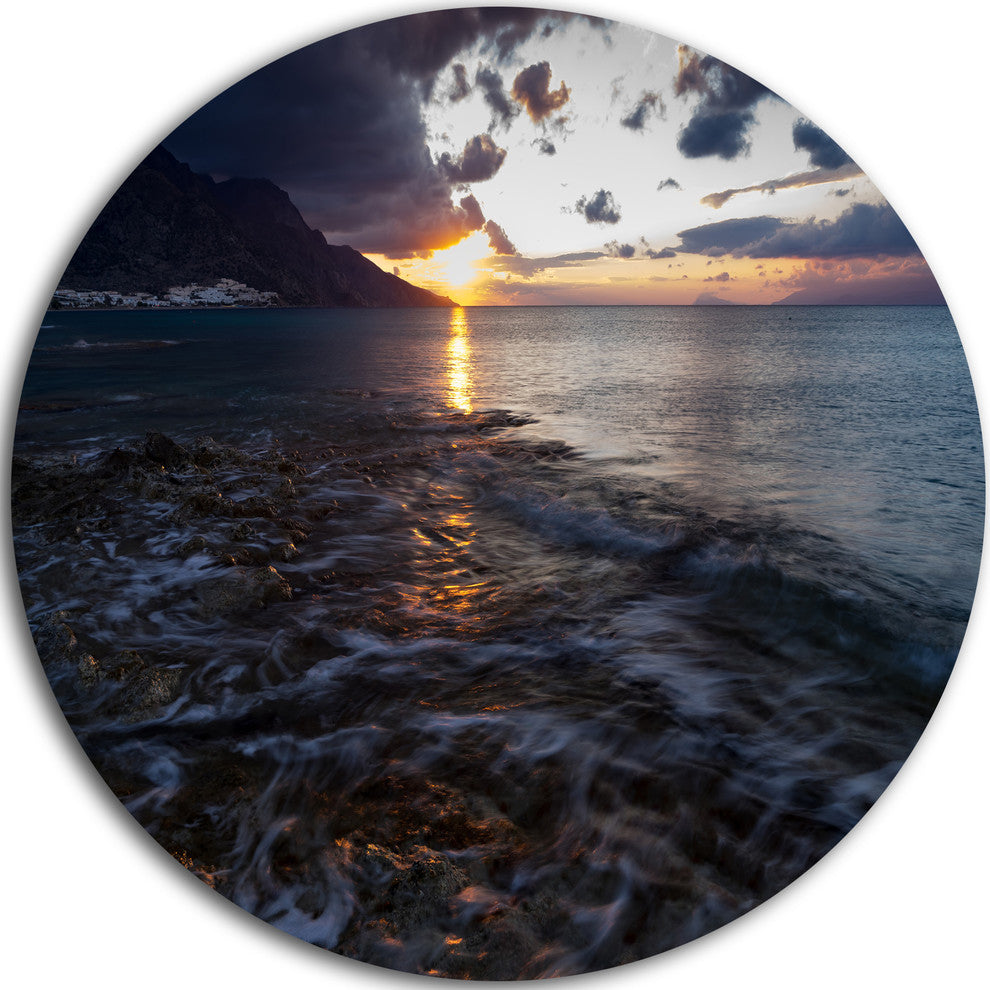 Gloomy Sea Coast At Sunrise, Modern Seashore Round Wall Art, 23"