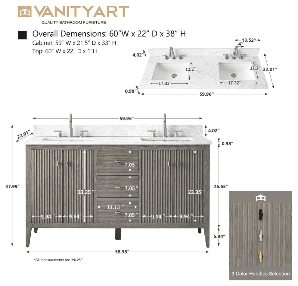 Vanity Art Freestanding Vanity, Driftwood Gray, 60", Double Sink, Golden Brushed