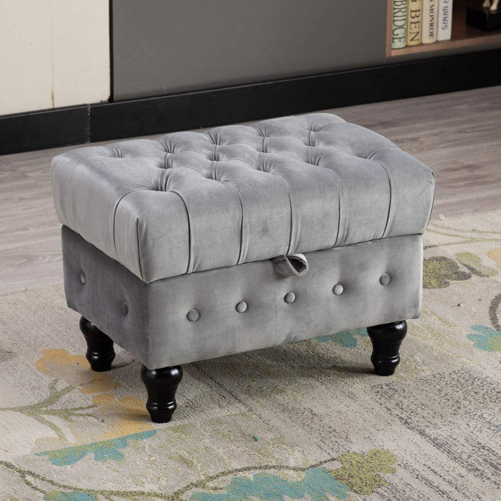 Button Tufted Upholstery Footstool for Bedroom and for Living Room, Grey
