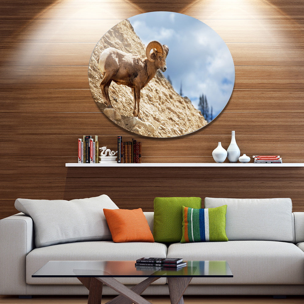 Single Goat On Rocky Mountain, Animal Round Wall Art, 23"