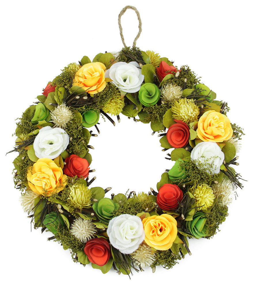 Peach Floral Artificial Wreath, Orange and Green, 12.5"