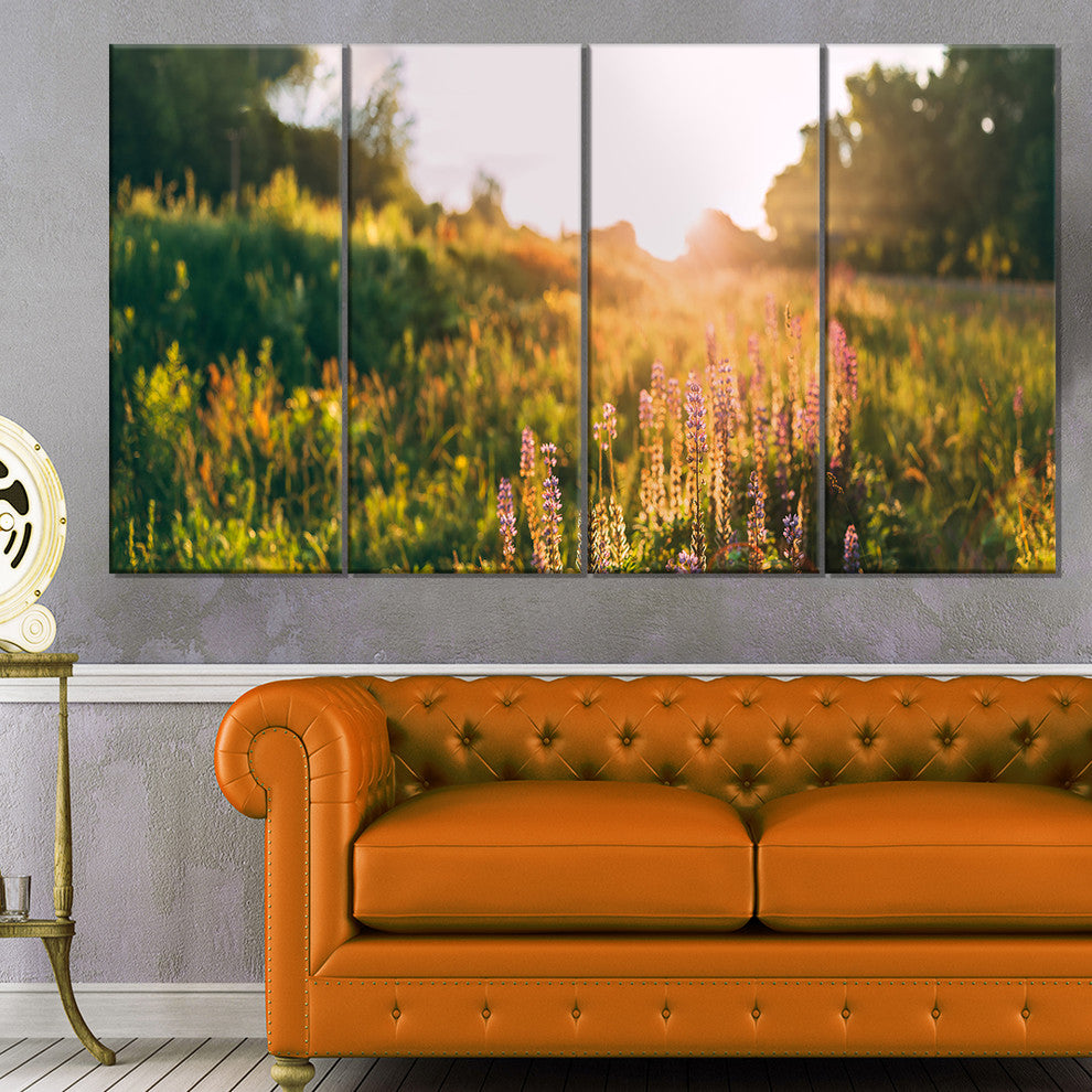 Bloomy Glade of Wild Flowers, Large Landscape Canvas Art, 48"x28", 4 Panels