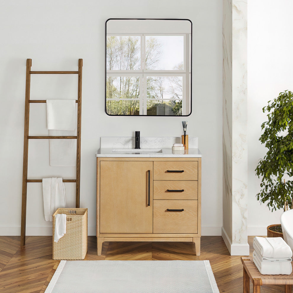 Gara Bath Vanity, Stone Top, Washed Ash Grey, 36", Single Vanity, No Mirror