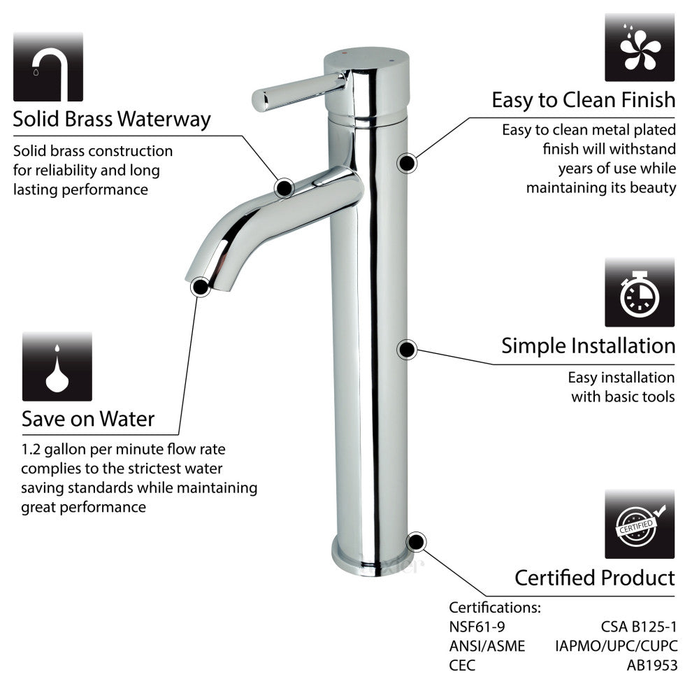 Luxier BSH03-T Single Hole Vessel Bathroom Faucet with Drain, Chrome