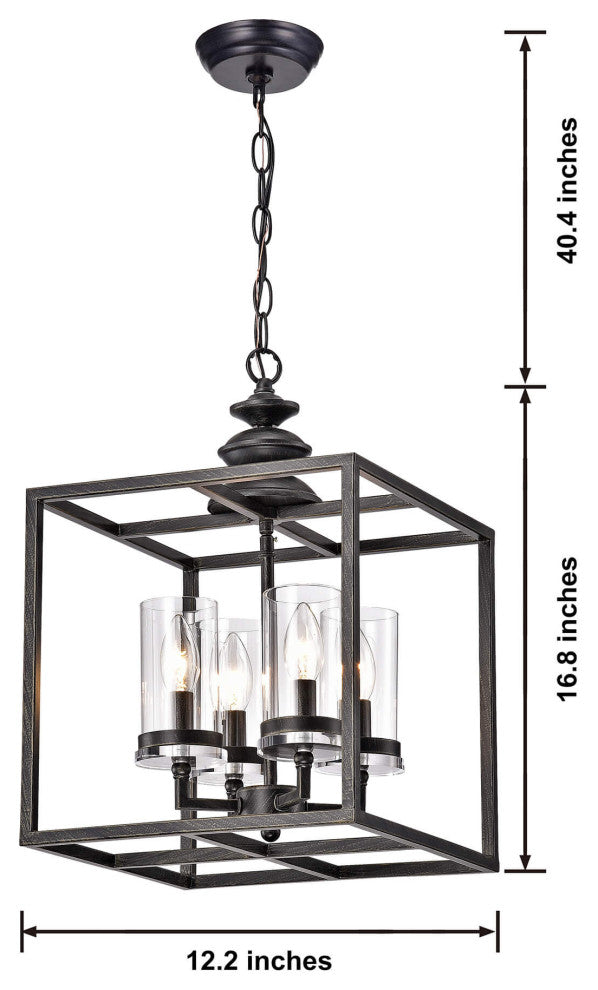 Iris 4-Light Antique Black Lantern Chandelier With Clear Glass Cylinders