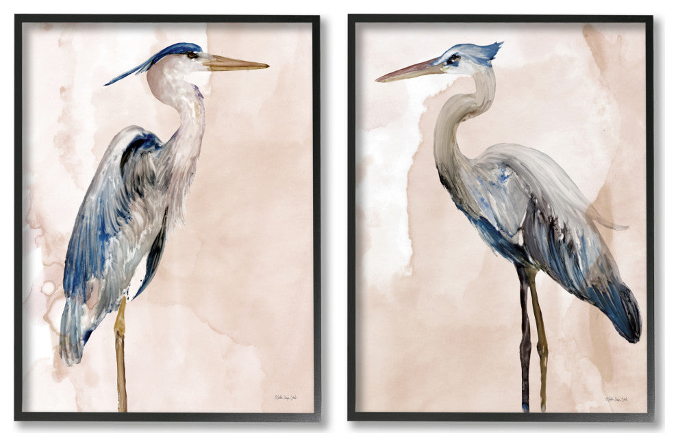 Beautiful Heron Birds Standing Watercolor Painting, 2pc, each 11 x 14