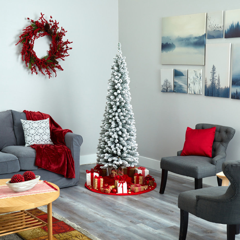 6' Flocked Pencil Faux Xmas Tree With 300 Clear Lights and 438 Bendable Branches