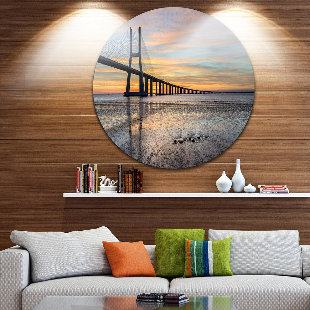 Vasco De Gama Bridge Lisbon, Seascape Photo Round Wall Art, 23"