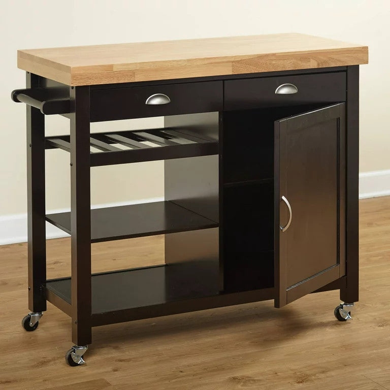 Modern Kitchen Cart, 3 Open Shelves & Storage Drawers With Natural Top, Wenge