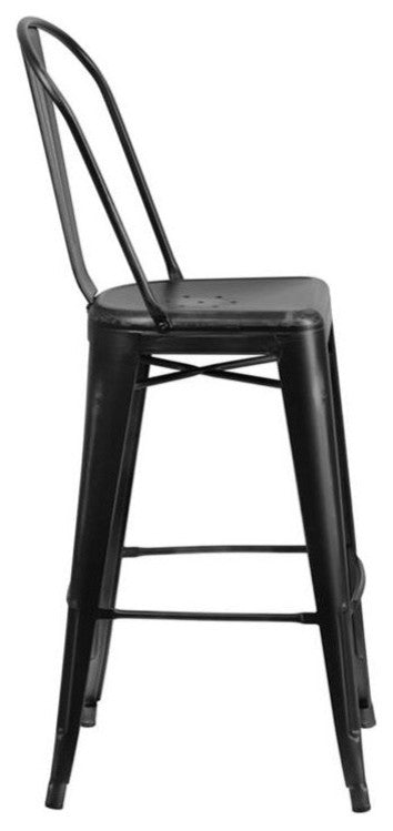 30" High Distressed Black Metal Indoor-Outdoor Barstool With Back