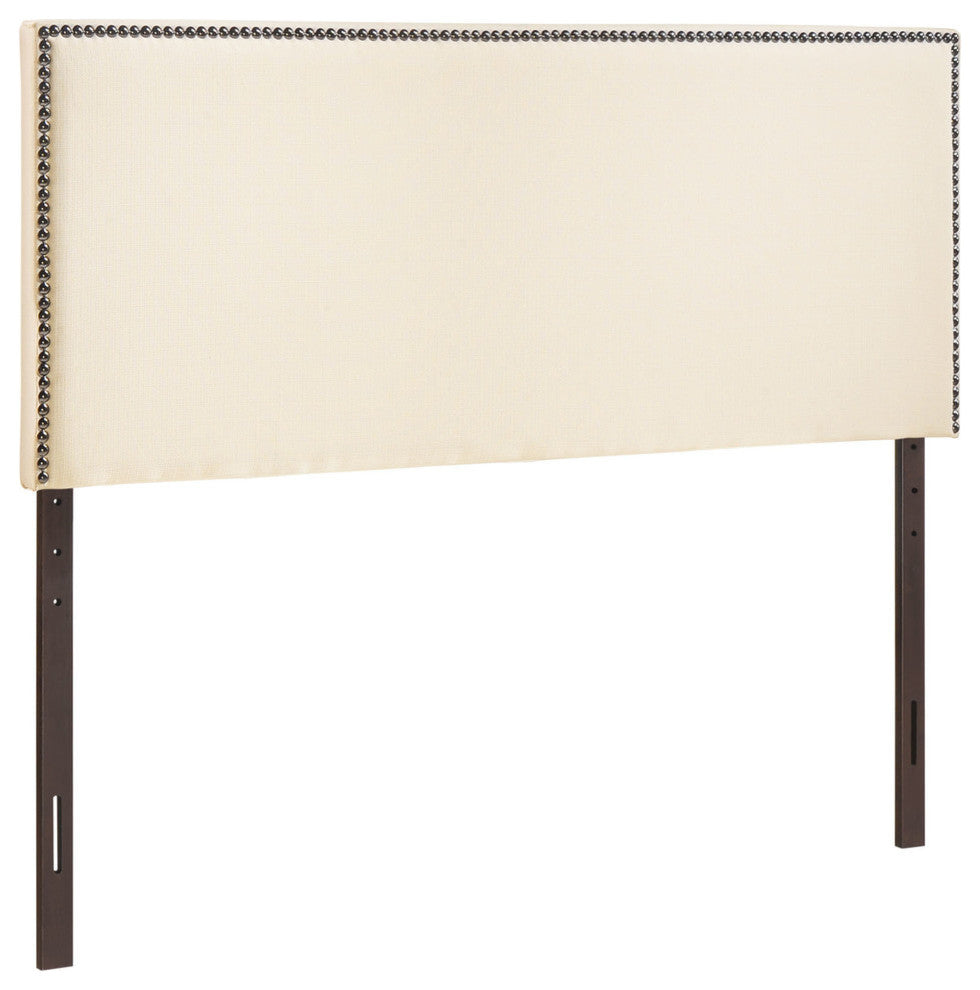 Modern Contemporary King Size Nailhead Upholstered Headboard, Ivory Fabric