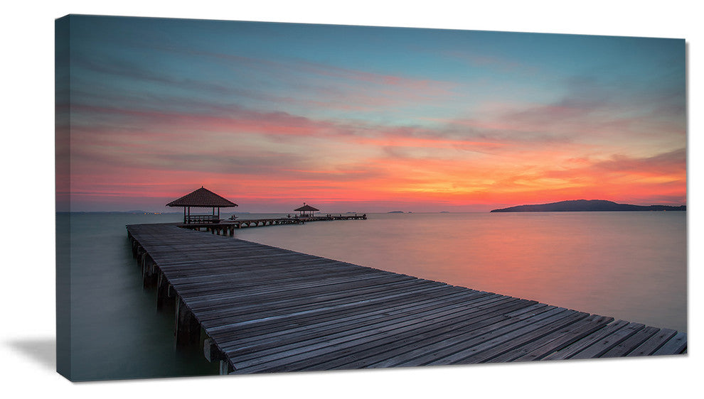 "Gloomy Seashore With Long Wood Pier" Sea Pier Wall Art Canvas Print, 40"x20"