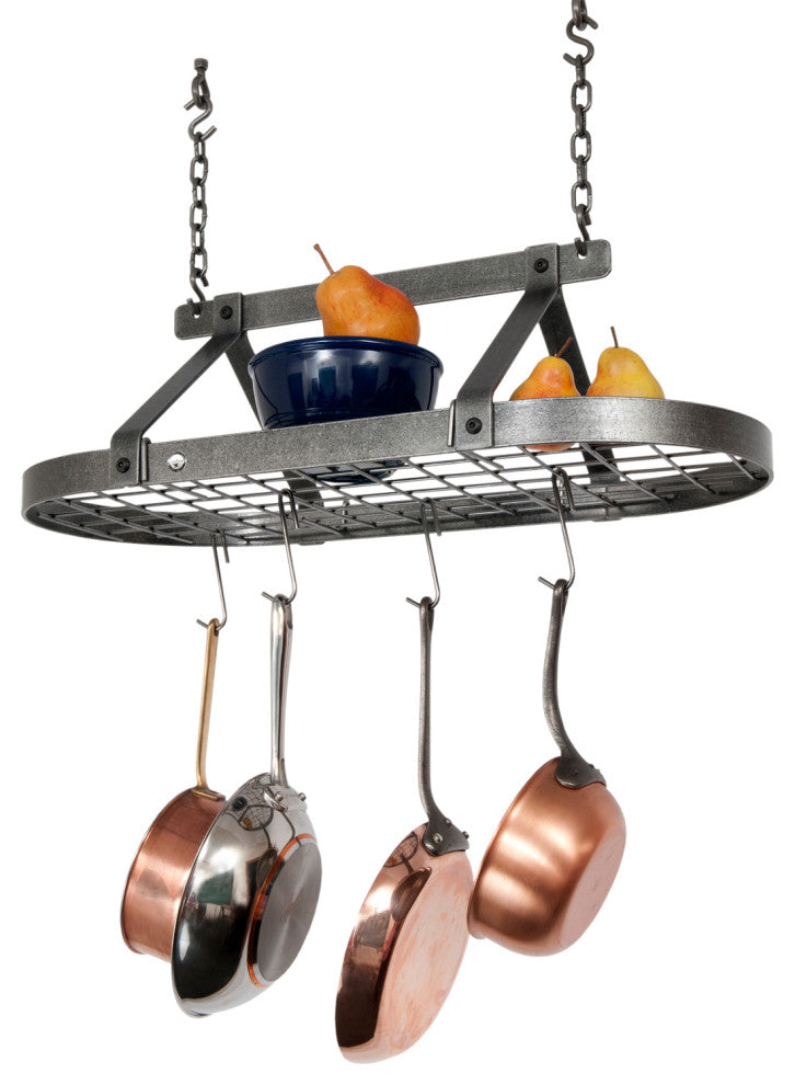 Handcrafted Classic Oval Ceiling Pot Rack w 12 Hooks Hammered Steel