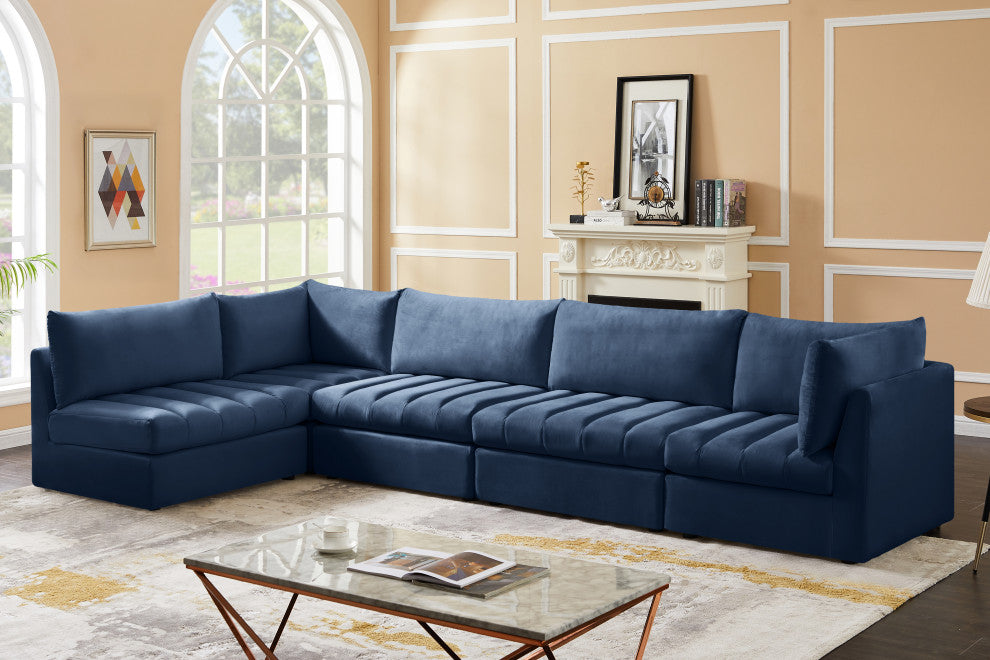 Jacob Velvet Upholstered 5-Piece L-Shaped Modular Sectional, Navy