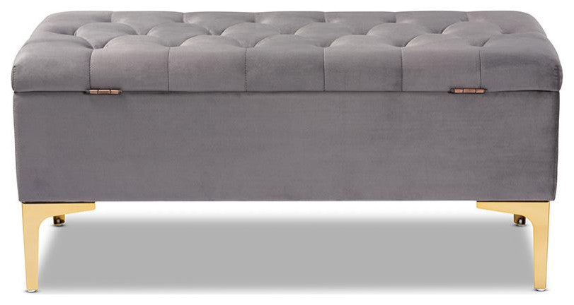 Grey Velvet Fabric Upholstered Gold Finished Button Tufted Storage Ottoman