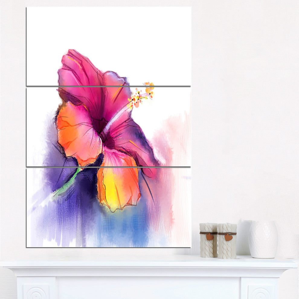 "Red Yellow Hibiscus Flower in Blue" Metal Wall Art, 3 Panels, 28"x36"