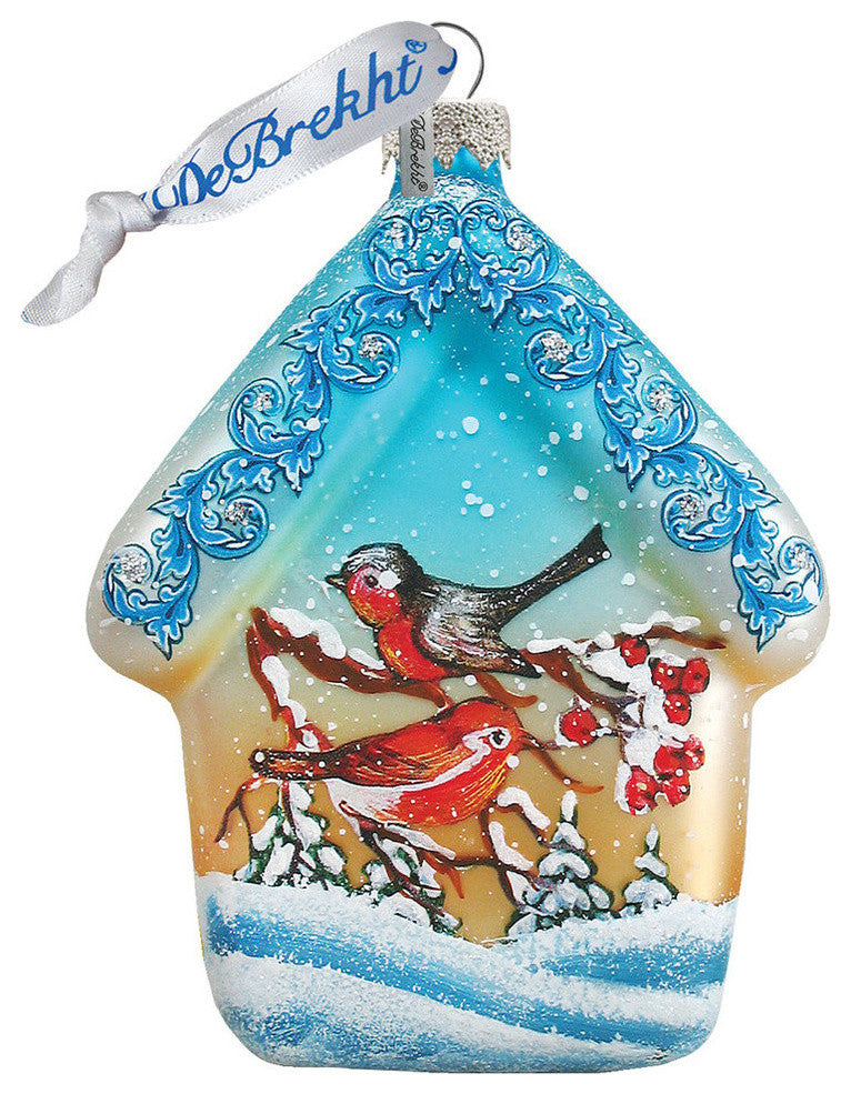 Hand Painted Scenic Glass Ornament Red Robin House