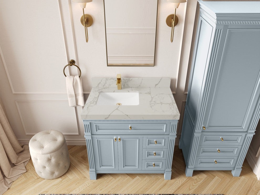Paris 36" Left Offset Bathroom Vanity, Blue Heather 2" Venatino Quartz