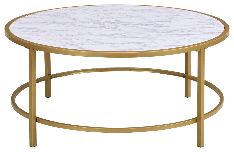 Verazano Faux Marble Top 36" Round Coffee Table, Gold