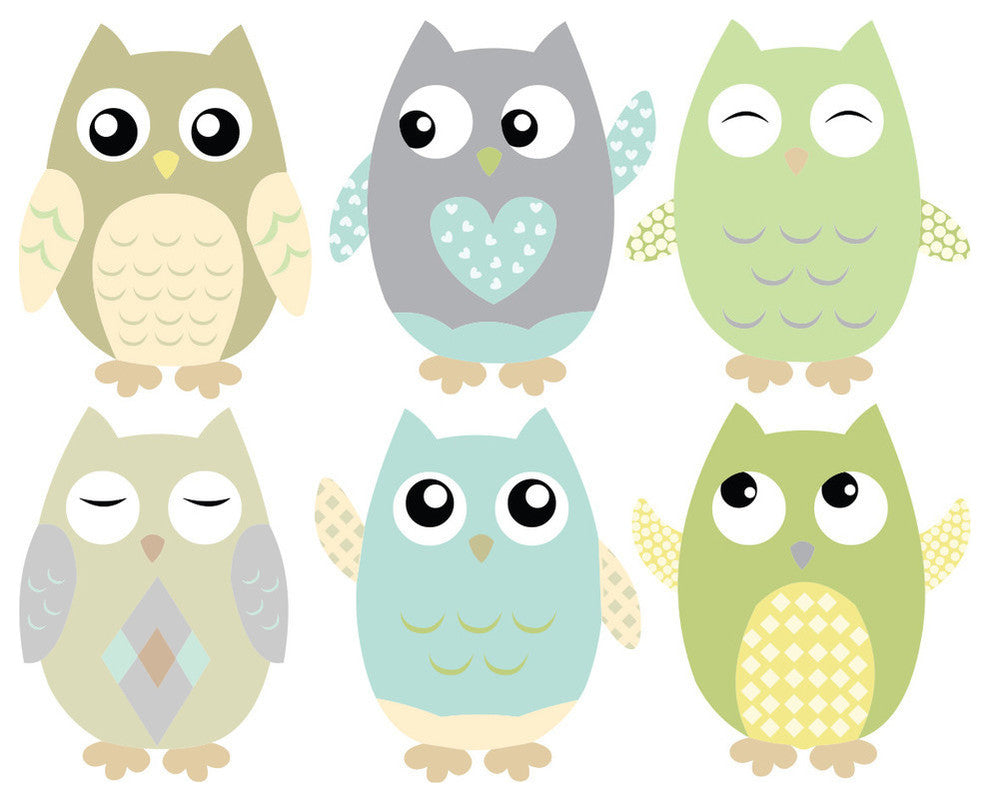 Owls Fabric Wall Decals, Set of 6, Green, 12" Tall