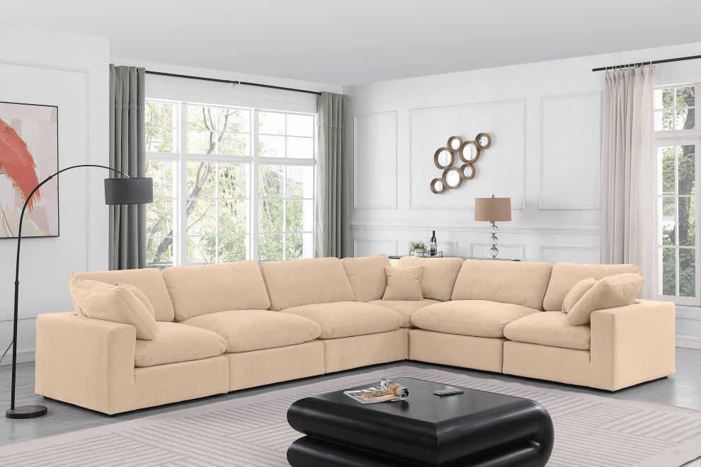 Comfy Upholstered L-Shaped Modular Sectional, Beige, 6-Piece: 3 Armless Chair, 3 Corner Chair, Velvet