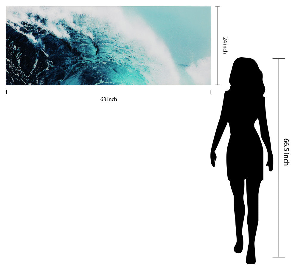 "Blue Wave 1" Wall Art Frameless Free Floating Tempered Glass Print 24" x 63"
