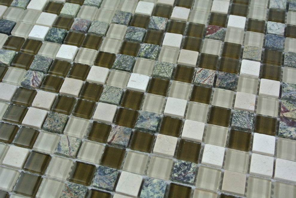 Crystal Stone 12"x12" Glass and Stone Square Mosaic Tile,Forest Walk, Single Sheet