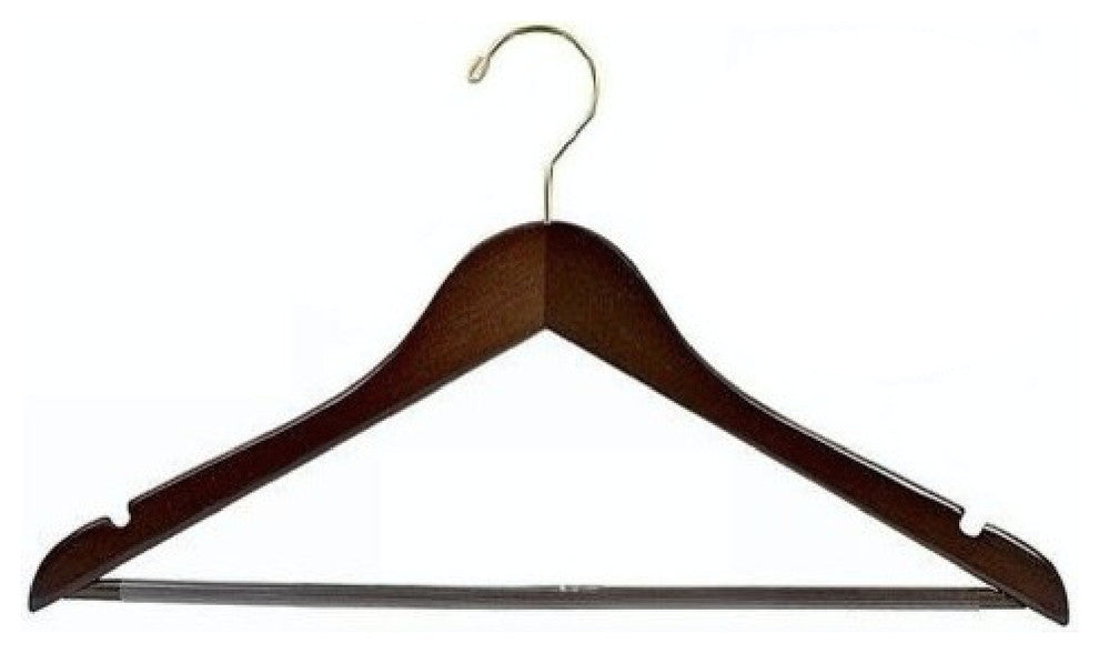 Flat Wooden Suit Hanger With Non-Slip Bar, Walnut and Brass, Set of 25