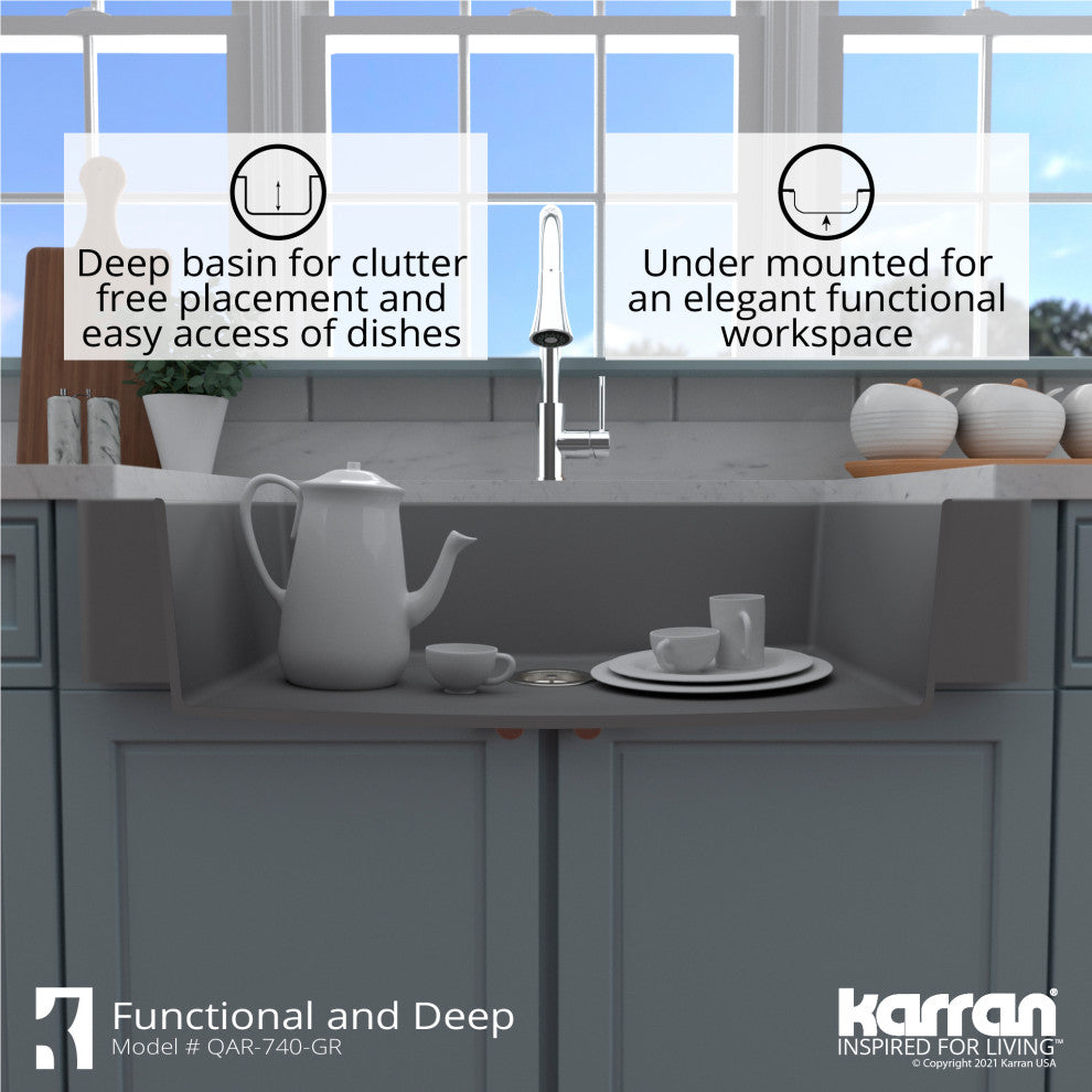 Karran Retrofit Farmhouse Quartz 34" Single Bowl Sink, Grey