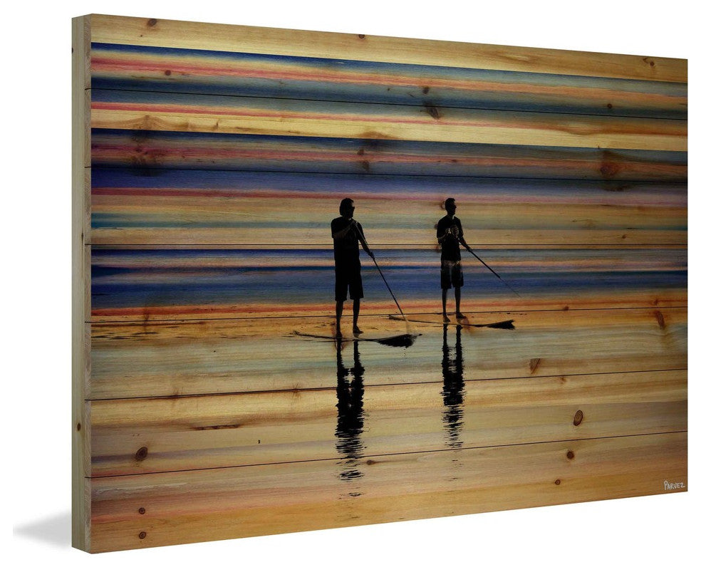 "Beach Surf" Print on Natural Pine Wood, 36"x24"