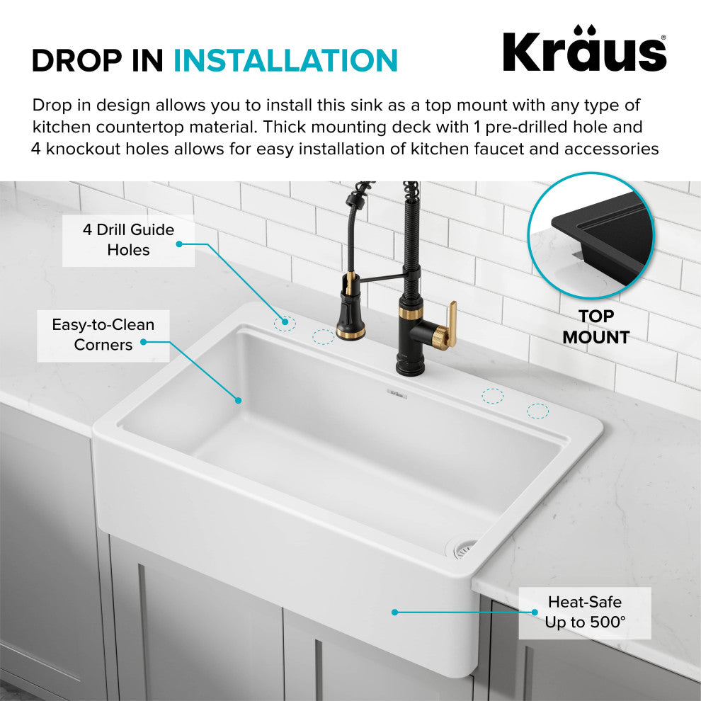 KRAUS Bellucci 33" Workstation Drop, Farmhouse Granite Kitchen Sink White