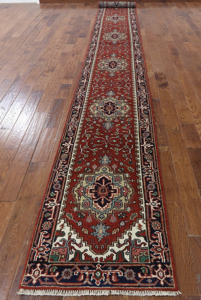 Oriental 3'x20' Red & Blue Heriz Serapi Runner Hand Knotted Wool Rug H9238