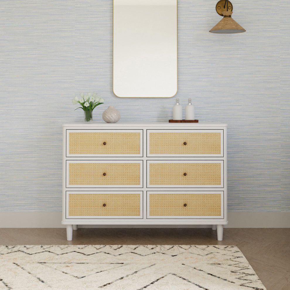 Marin With Cane 6 Drawer Assembled Dresser, Warm White/Honey Cane