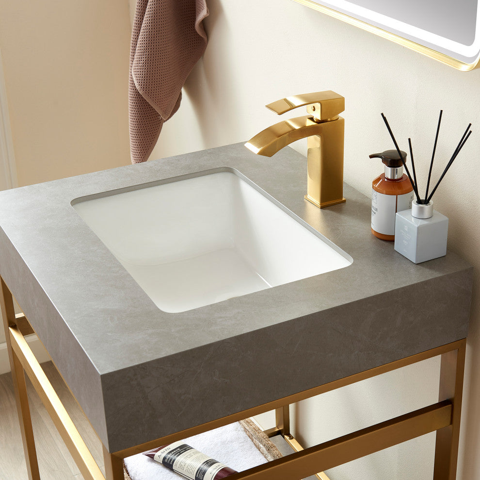 Funes Bath Vanity with Mirror, Brushed Gold Support, 24'', Grey Stone Top