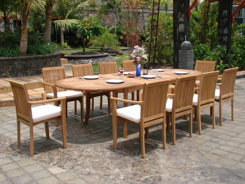 11-Piece Outdoor Teak Dining Set, 117" Oval Table, 10 Lua Stacking Arm Chairs
